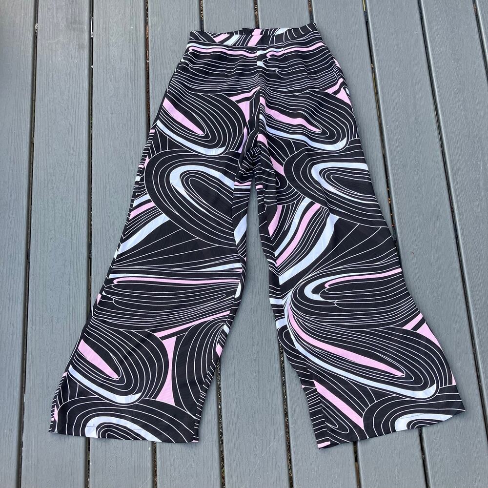Swirly black and pink wide leg flowy pants semi sheer, bohemian abstract 90s